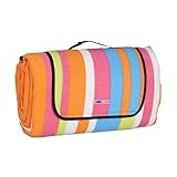 Relaxdays XXL Picknickdecke, 200x300 cm, isoliert, wasserdicht, gestreifte Fleece Stranddecke, weich, Tragegriff, bunt, 80% Polyester Aluminium 10% Schaumstoff