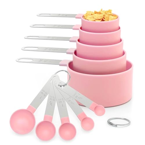 Measuring Cups and Spoons Set, 10 Pieces Stackable Measure Tools with Stainless Steel Handles, Kitchen Gadgets for Cooking & Baking (Pink)