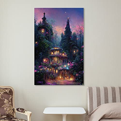 Oil Painting Landscape Poster Fairytale Forest Cottage Modern Wall Decor Canvas Wall Art Prints For Wall Decor Room Decor Bedroom Decor Gifts 24X36Inch(60X90Cm) Frame-Style #TOP6
