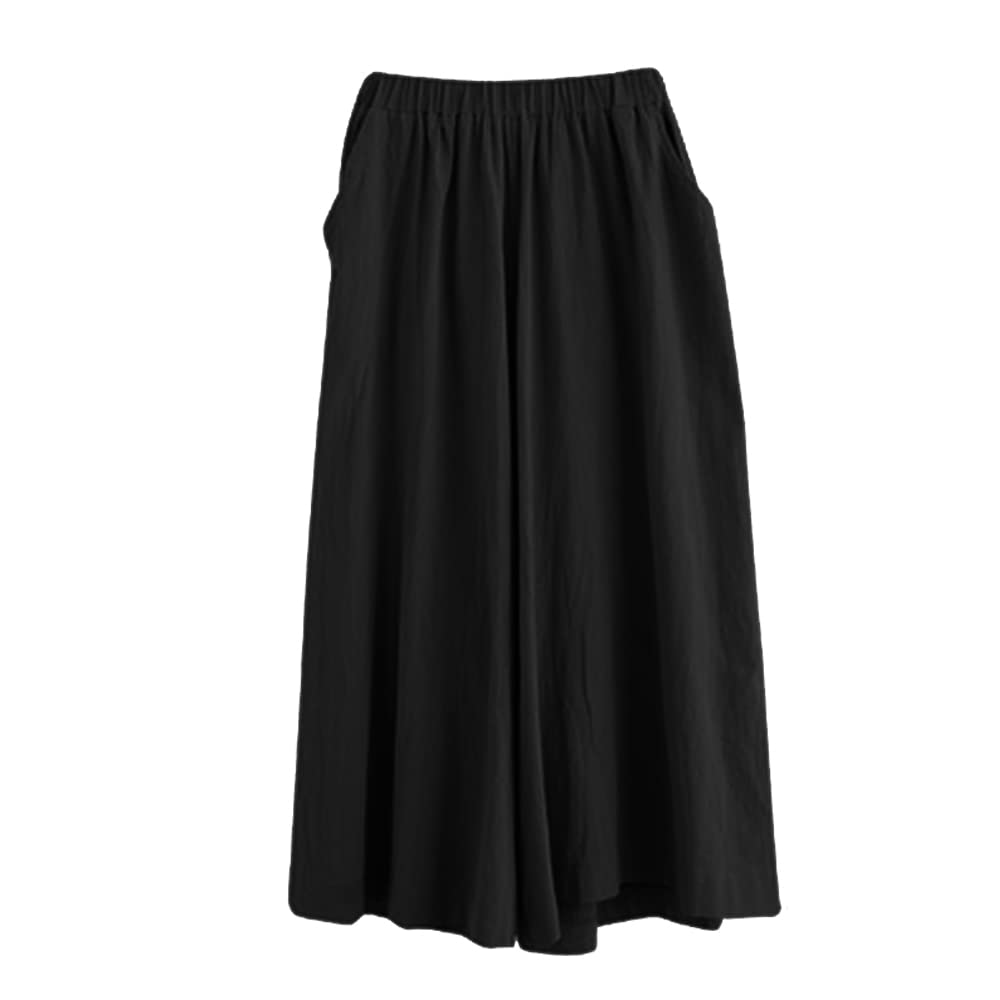 Women Wide Legs Pants with Pockets Elastic Waist Long Pants Plus Size Casual Holiday Trousers Black