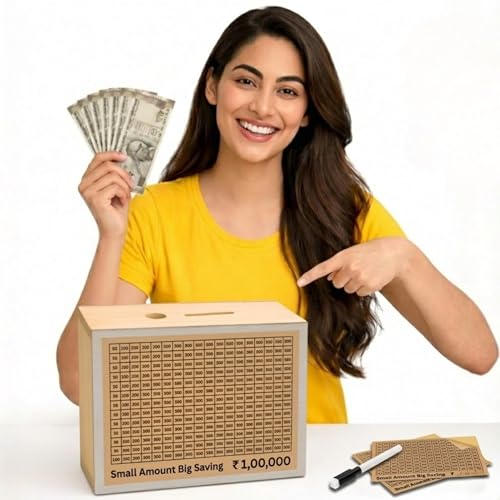 Image of Unbreakable Wooden Money Saving Box for Adults - 1 Lakh Capacity | Reusable Piggy Bank | Money Bank with Amount 100000 | One Lakh Gullak, Kidddy Bank for Kids, Men, Women, Girls, Boys | 1 Yr Warranty