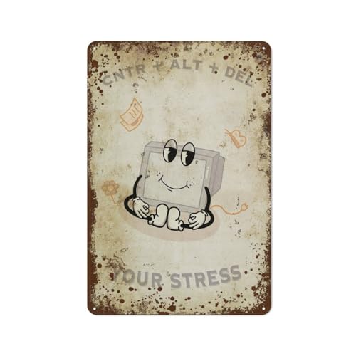 Arte de personajes retro, dibujos animados CNTR + ALT + DEL TU ESTRÉS, temática espacial, decoración de arte de pared interesante para el hogar, idea de personalización, lata de metal vintage, decor