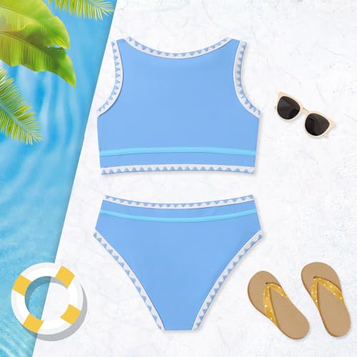 Image of Girls Bathing Suit Toddler Swimsuits 2 Piece Bikini Sets Round Neck Colorful Lace Teen Girls Swimwear 3-14T
