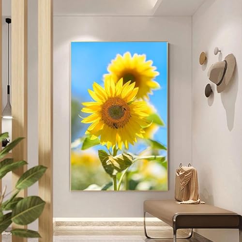 Tableau tournesol grand format 90x133cm encadré peinture sur toile de paysage salon