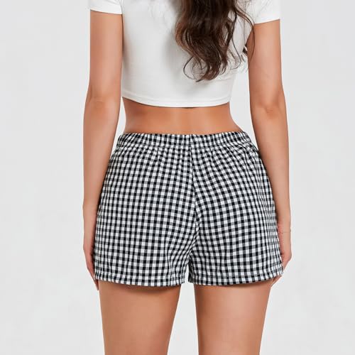 Image of Y2k Plaid Shorts Cute Baggy Ginghem Boxer Shorts for Women Checked Lounge Pajama Bottom Preppy Sleep Pj Shorts