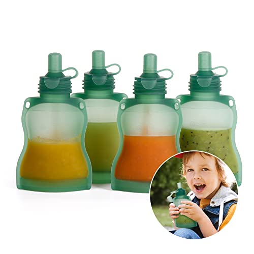 Image of haakaa Silicone Refillable Squeezy Baby Food Yummy Pouch Homemade Organic Food for Babies/Toddlers/Kids, 4 Pack 4 oz, Pea Green