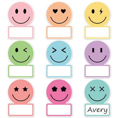 Image of Whaline 135Pcs Pastel Smile Face Name Tag Stickers 9 Designs Nameplate Decals Cute Desk Name Label for Back to School Classroom Bulletin Board Office Wall Decor