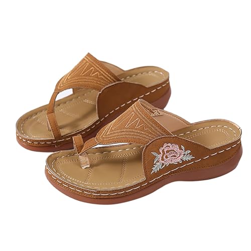 Genérico Sandalias Para Playa Zapatillas Mujer Casa Verano Sandalias y zapatillas bordadas con flores y parte inferior plana con punta de verano para mujer Sandalia Deportiva Mujer (Brown, 41)
