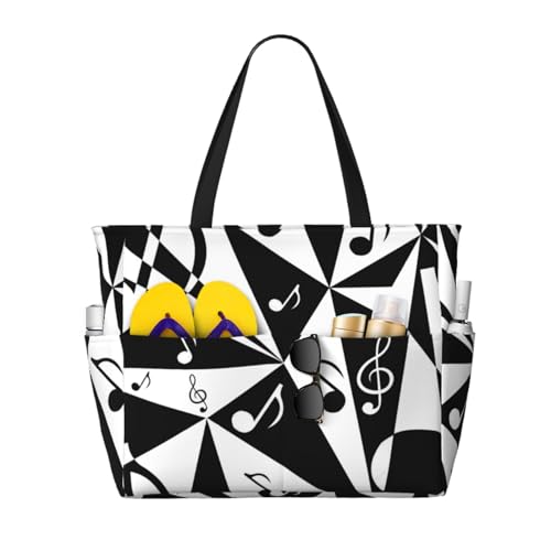 Grand sac de plage sac à bandoulière pour femme avec motif note de musique et anses longues