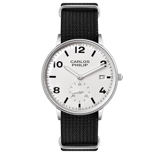 Image of Carlos Philip Men's Minimalist Analog Watch - Classic Dial with Date Display, Nylon Strap, Quartz Movement, Casual Everyday Style Watch for Men