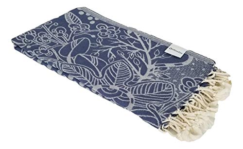 Infusezen Flower Print Turkish Towel With Polka Dots - Extra Large Thin And Lightweight Floral Peshtemal Hammam, Beach Or Bath Fouta Towel - Reversible 100% Cotton Pool Gym Towel (Navy) #TOP5
