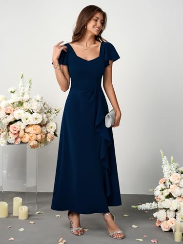Image of Womens Long Semi Formal Cocktail Dresses Square Neck Split Elegant Evening Party Gowns Ruffle Wedding Guest Dress