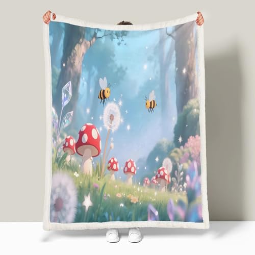 Cobertor Pesado 150x200 cm Manta Sherpa Tecnología 3D Colorido Hongos Hierba Abejas Imprimir Colores Vivos Perduran Lavable Mantas para Sofá Ideal para Abrigarse en el Cama o Aire Acondicionado