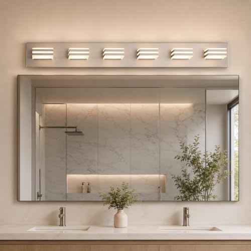Image of 6-Light Brushed Nickel Vanity Light for Double Sink Bathroom, 41 Inch 48W 5CCT Dimmable LED Over Mirror Wall Fixture, Hardwired Light with Clear Acrylic Shade