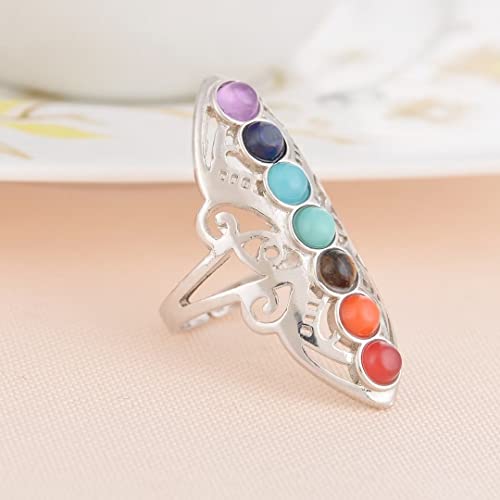 925 Sterling Silver Healing Hollow Stone Adjustable 7 Chakra Ring Aura Gemstone Ring 7 Chakra Religion Healing Balance Stone Rings Bracelet Color Chakra Healing Style Female Ring3