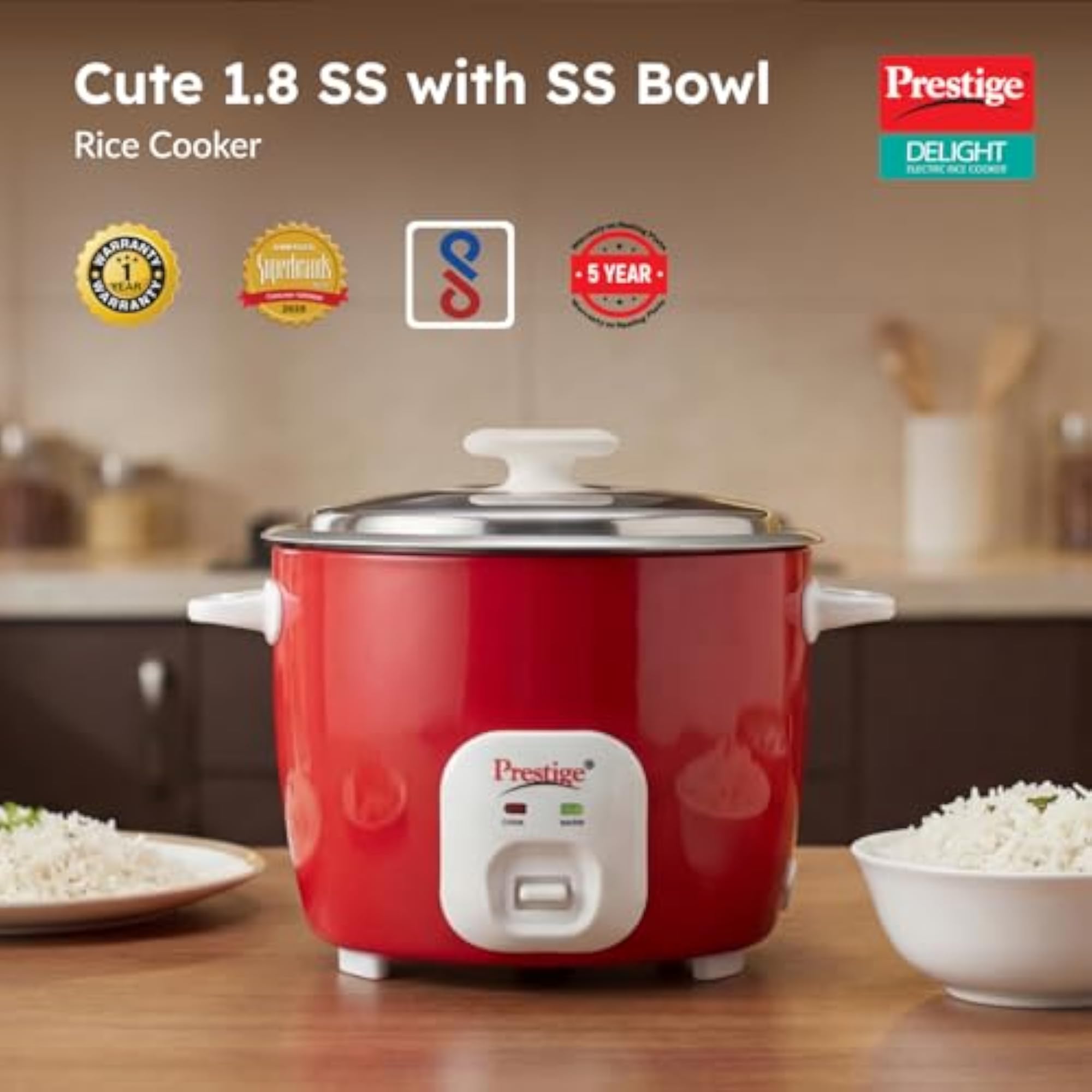 Delight Cute Electric Rice Cooker, Silky Red, 1.8L