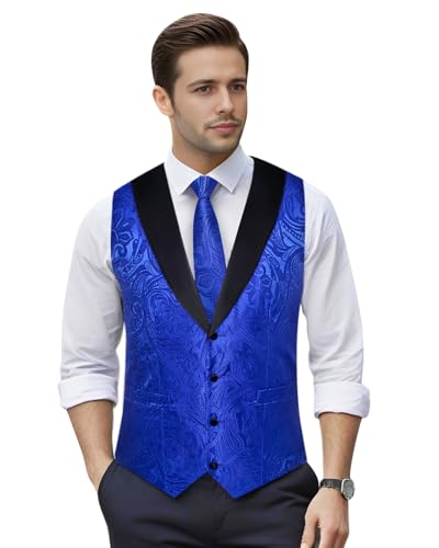 Image of DiBanGu Mens Paisley Suit Vest Silk Jacquard Waistcoat and Necktie Set Formal Shawl Collar Dress Vest 7PCS for Wedding Party