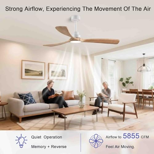 Image of 60-inch Quiet 3-Blade Solid Wood Ceiling Fan with Light and Remote Control