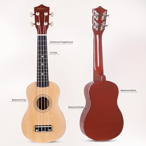 Image of ADM Ukulele for Beginners Hawaiian Wood Ukelele Kit for Kids Adult Student Starter Professional Ukalelee Pack Bundle with Free Lessons Gig Bag Strap Nylon String Tuner (Natural, 21 Inch)
