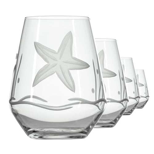 Rolf Glass Starfish stemless wine glass tumbler 18 ounce - Set of 4 - Engraved Lead-Free Glass - Made in ths US