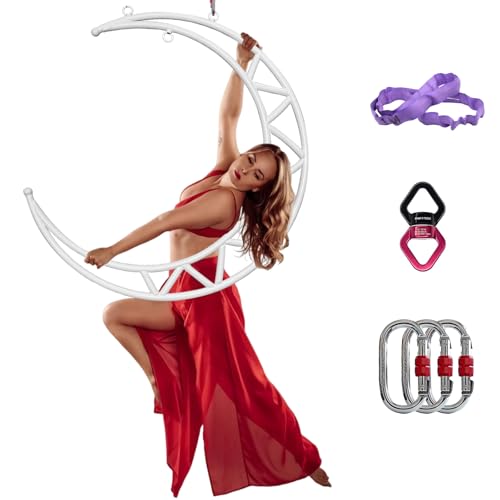 PRIOR FITNESS Moon Aerial Hoop Weiß, Mondförmiger Lyra Ring Komplettset zur Deckenmontage, Edelstahl, 350kg Tragfähigkeit, Drehbar für Yoga, Akrobatik, Zirkus, Heim & Studio