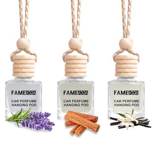 Image of 10ML Premium Lavender Sandalwood & Vanilla Pack of 3 Car Perfume Hanging Pod /Car Perfume Luxury Air Freshener /Natural Fragrance Oils in Glass Bottle with Wooden Diffuser Lid /Last Upto 60 Days
