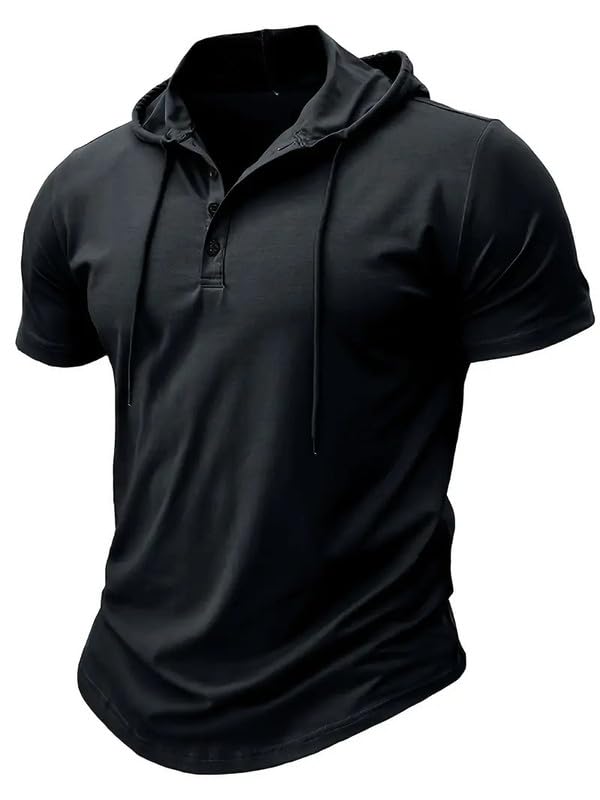 Men's Slim-Fit Stretch Hooded Henley Shirt with Drawstring - Solid Color, Breathable Knit Fabric for Summer