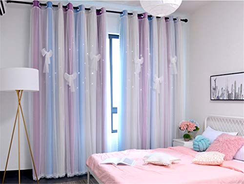 Image of Yancorp Room Darkening Light Blocking Pink Curtains White Sheer Lace Detachable Bow Ties Kids Room Decor Ombre Drapes Star Double Layer Window Panels Bedroom Living Room (Pink Blue, W52 X 96 inch)