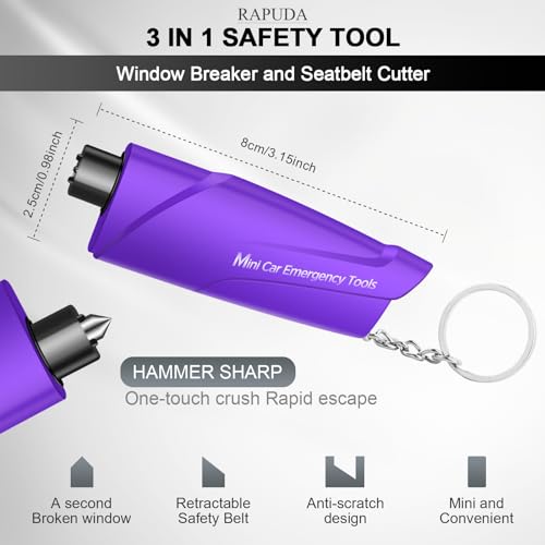 RAPUDA Window Breaker Seatbelt Cutter,3-in-1 Mini Glass Breaker, 3 Pack Car Escape Tool for Land and Underwater,Keychain Car Emergency Tool(Pink/Purple/Sky Blue) - Image 2