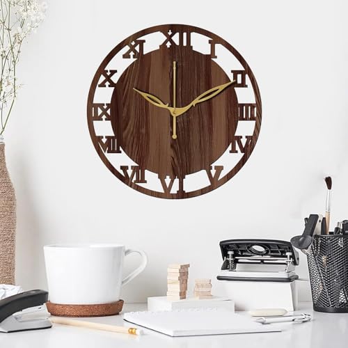Image of SKYVILLA 12 Inch Wooden MDF Circle Analog Wall Clock with Romans | Silent Quartz Movement | Lightweight Without Glass Design for Home Living Room (Brown)