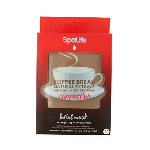 SpaLife 6 Pack Coffee Break Face Masks - Natural Extract - Paraben + Sulfate Free - Energizing + Awakening (Cappuccino)