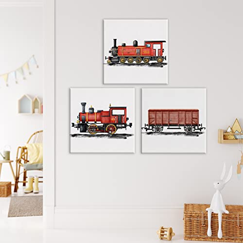 Yuzi-N Set Of 3 Retro Red Steam Train Nursery Vehicle Art Posters Canvas Wall Art & Tabletop Home Kids Bedroom Decoration, Watercolor Locomotive Train Caboose Prints Easel & Hanging Hook 12X12 Inch #TOP2
