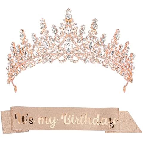 CUBACO Birthday Crown for Women and It's My Birthday Sash, Birthday Tiaras Set for Girls Happy Birthday Decorations Birthday Headbands Girls Gifts Birthday Accessories for Her Birthday Party Rose Gold Cover