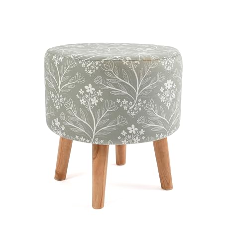 Image of NACIA Printed Ottoman Stool Set of 2 | Soft Cushioned Velvet Pouf Footrest with Wooden Legs | Decorative Seating Stool for Bedroom Living Room Home & Office (16x16x17 Inch, Green Leaf)