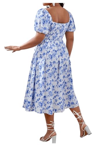 Floerns Women's Plus Size Floral Print Tie Front Square Neck Slit Hem Midi Dress2