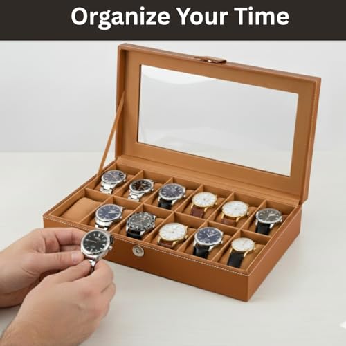 Image of BOXXO 12 Slot Watch Organizer Box for Men & Women - Premium PU Leather Watch Case, Soft Velvet Cushions & Glass Lid Display, Elegant Storage Box - 34x20x8 cm (Tan & Brown (Transparent), 12 Slots)