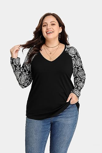 Image of TIYOMI Plus Size Tops for Women Raglan Long Sleeve V Neck T Shirts Casual Color Block Leopard /Floral Tops Winter Tee Shirt