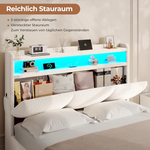 AOGLLATI Polsterbett 140×200 mit Steckdosen und LED-Beleuchtung, Doppelbett mit Stauraum Kopfteil, Bett 140×200 mit Hydraulische Metallrahmen und Lattenrost aus Holz, Bouclé, Beige(Ohne Matratze) – Bild 5
