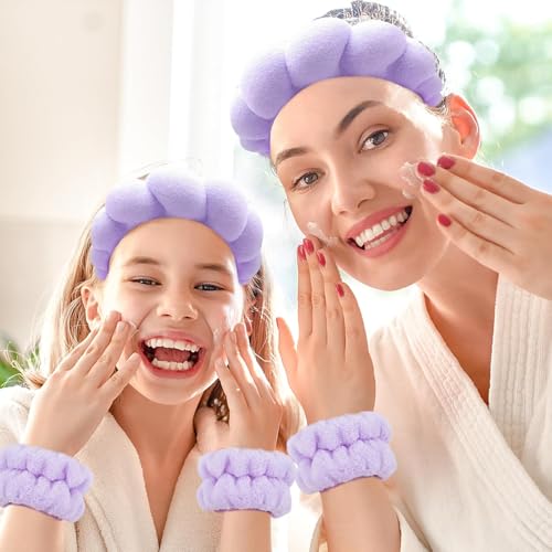 Image of Spa Headband and Wristband Set, Face Wash Headband Makeup Skincare Headband Wrist Bands Washing Face for Preppy Skincare Women Girl (Spa Headband - Perple)
