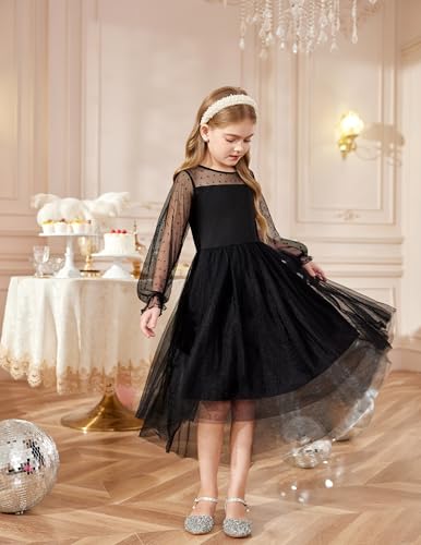 Arshiner Mädchen Kleid Schwarz Halloween Partykleid Winter Langarmkleid High-Low Tüllkleid Beerdigung Kinderkleid 13-14 Jahre