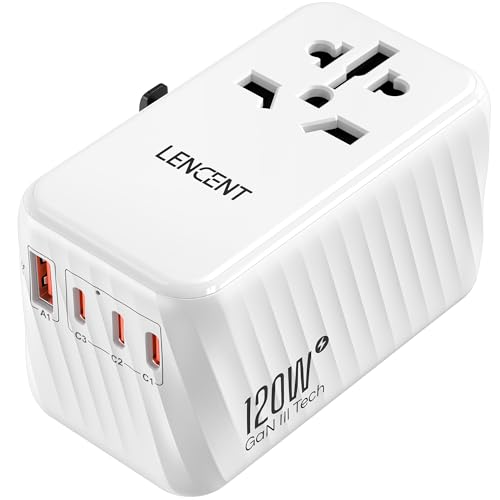 LENCENT Adaptador Enchufe Universal GAN 120W, Cargador Internacional con 3 PD3.0 Tipo C+1 QC USB A, Adaptador de Viaje Carga Rápida para Móviles, Tabletas, Portátil, EU/USA/UK/AU, Blanco