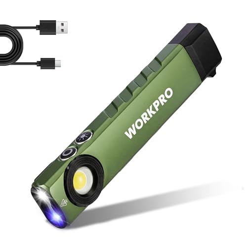 WORKPRO Rechargeable Flashlight Magnetic EDC Flashlight Rechargeable Flat Pocket Flashlight with UV Light Slim LED Flashlight for Camping Garage Car Repair and Emergency-Green