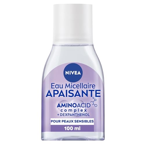 NIVEA - Eau Micellaire Apaisante - Efficacité Waterproof - Visage, Yeux, Lèvres - Nettoie & Démaquille - Peau Fraîche, Hydratée & Apaisée - Micelles & Acide Aminé - Peaux Sensibles - 100 ml