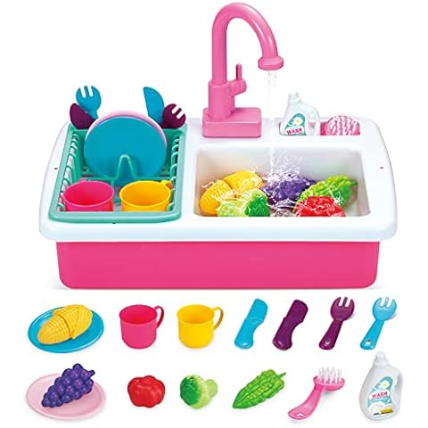 Kids Kitchen Play Sink Toy Set with Cutlery Scrubbing Accessories and Fruit Vegetable Cutting Toys, Automatic Water Circulation Large Storage Box, Christmas Birthday Gift for Kids Boys and Girls Cover