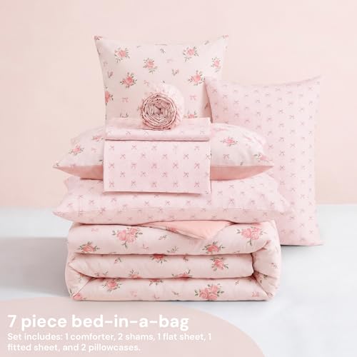 Image of BLOOMHAVEN Full Size Comforter Set for Girls, 7 Pieces Rose Flower Bedding Set with Pink Bow, All Seasons Kids Bed in a Bag with Sheets, Pillowcases & Shams