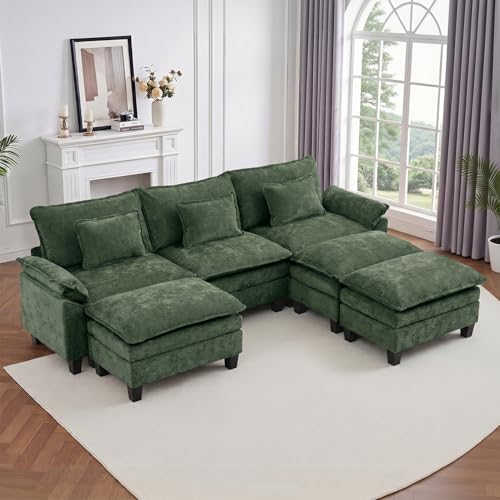 Image of IPKIG 117 inch Modular Cloud Couch with Storage, C Shaped Sectional Sofa | 3 Seater Green Chenille Deep Seat Sectional Couches with Ottoman and Pillow for Living Room, Apartment