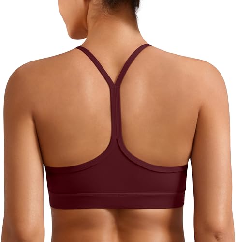 Image of Padded Y-Back Sports Bra for Women - Racerback Low Impact Spaghetti Strap for Yoga Workout Top Burgundy