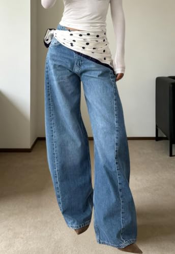 Image of Women's Straight Leg Jeans High Waisted Wide Leg Stretchy Baggy Denim Pants