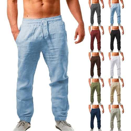 Linen Pants Men Beach Casual Long Pants Summer Vacation Yoga Trousers Lightweight Breathable Drawstring Sweatpants