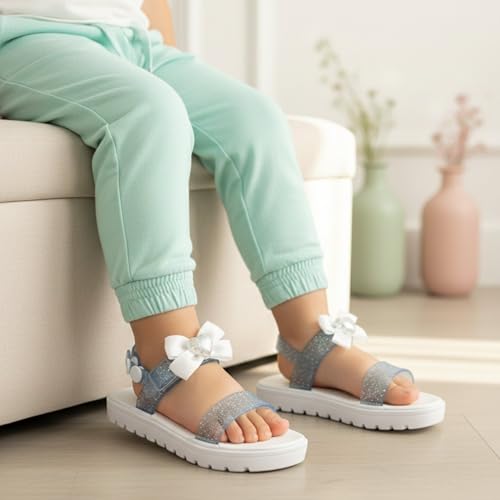Image of bebe Girl's Flat Sandals - PCU Sandals with Flower, Bow, and Rhinestone Details for Toddler /Little Kid /Big Kid